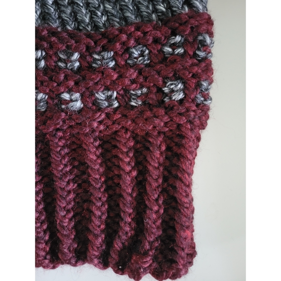 Two-Tone Waffle-Base Knit Beanie - Charcoal/Burgundy (Handmade) - Picture 7 of 12